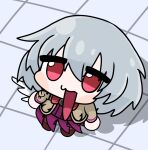  1girl brown_jacket chibi commentary dress english_commentary full_body grey_hair hair_between_eyes highres jacket kishin_sagume looking_at_viewer medium_bangs open_clothes open_jacket open_mouth purple_dress red_eyes shinakuma short_hair single_wing solo tile_floor tiles touhou white_wings wings 