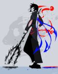  1boy asymmetrical_wings black_footwear black_hair black_pants blue_wings fortyone_(artist) full_body genderswap genderswap_(ftm) grey_background highres holding_trident houjuu_nue paint pants polearm red_wings short_hair solo standing touhou trident weapon wings 