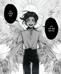  1boy angel_wings commentary_request cowboy_shot feathered_wings freckles greyscale halo jojo_no_kimyou_na_bouken korean_text low_ponytail male_focus monochrome multiple_wings open_mouth outstretched_arms ponytail sempon_(doppio_note) smile solo translation_request vento_aureo vinegar_doppio wings 