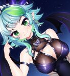  1girl bat_wings blue_hair breasts bsapricot_(vtuber) cleavage cleavage_cutout clothing_cutout colored_inner_hair fishnets green_eyes green_hair highres horns jewelry lich loggi medium_breasts multicolored_hair multiple_horns pointy_ears short_hair skull smile solo starry_background tiara virtual_youtuber vshojo wings 