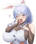  1girl animal_ear_fluff animal_ears black_bodysuit blue_hair blush bodysuit braid braided_ponytail breasts cleavage dress highres hololive large_breasts long_hair looking_at_viewer mature_female multicolored_hair open_mouth pekomama planterak_draws rabbit-shaped_pupils rabbit_ears rabbit_girl red_eyes short_eyebrows solo streaked_hair symbol-shaped_pupils tongue tongue_out virtual_youtuber white_background white_dress white_hair 