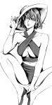  1girl absurdres bikini blush bracelet breasts cleavage closed_mouth collarbone criss-cross_halter dudlesnoodles earrings fubuki_(one-punch_man) greyscale groin halterneck hat highres holding holding_clothes holding_hat indian_style jewelry looking_at_viewer medium_breasts monochrome nail_polish navel one-punch_man shoes short_hair sitting solo stomach sun_hat swimsuit 