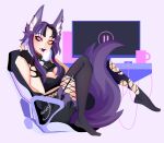  1girl animal_ears artist_name awful_queen_(vtuber) bell breasts chair computer cup fox_ears fox_girl fox_tail gaming_chair heterochromia highres indie_virtual_youtuber looking_at_viewer mole mole_under_eye monster_girl neck_bell purple_hair purple_lips quinalice swivel_chair tail 