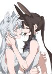  2girls amiya_(arknights) animal_ear_fluff animal_ears arknights ascot bare_arms blue_eyes brown_hair cat_ears commentary corrupted_twitter_file eye_contact from_side half-closed_eyes hand_on_another&#039;s_neck highres jewelry long_hair looking_at_another molu_stranger multiple_girls multiple_rings noses_touching open_mouth ponytail profile purple_ascot rabbit_ears ring rosmontis_(arknights) shirt simple_background sleeveless sleeveless_shirt smile upper_body white_background white_hair white_shirt yuri 