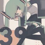  1girl 39 against_wall bent_over black_footwear black_skirt boots commentary detached_sleeves feet_against_wall fox_kikumi green_eyes green_hair green_necktie grey_shirt hand_on_own_head hand_up hatsune_miku long_hair looking_at_viewer lowres necktie number_tattoo pleated_skirt shirt shoulder_tattoo single_sleeve_past_fingers skirt sleeveless sleeveless_shirt solo tattoo thigh_boots twintails uneven_twintails vocaloid wide_sleeves 
