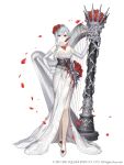 1girl asymmetrical_bangs bangs blood blood_on_clothes corset dress elbow_gloves flower full_body gloves grey_eyes grey_hair hair_flower hair_ornament harp high_heels instrument ji_no looking_at_viewer official_art petals rose sinoalice snow_white_(sinoalice) solo square_enix white_background white_dress white_gloves 