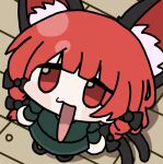  1girl animal_ear_fluff animal_ears black_bow blunt_bangs bow braid cat_ears cat_girl cat_tail chibi chinese_commentary extra_ears full_body green_shirt green_skirt hair_bow kaenbyou_rin long_hair looking_at_viewer looking_up medium_bangs multiple_tails open_mouth red_eyes red_hair shirt skirt solo tail touhou twin_braids two_tails wooden_floor xie_mao_man_de_la 