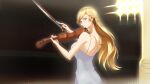 1girl absurdres artist_name blonde_hair blue_eyes blurry blurry_background bow_(music) dress english_commentary hair_ornament hairclip highres holding holding_instrument holding_violin indoors instrument miyazono_kawori music playing_instrument rezzealaux shigatsu_wa_kimi_no_uso solo standing violin 