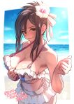  1girl absurdres ap_cammy beach bikini bikini_skirt black_hair blush breasts final_fantasy final_fantasy_vii final_fantasy_vii_rebirth final_fantasy_vii_remake flower frilled_bikini frilled_bikini_top frills hair_flower hair_ornament highres large_breasts leaning_forward looking_at_viewer microskirt ocean official_alternate_costume official_alternate_hairstyle skirt smile solo swimsuit thong_bikini tifa_lockhart tifa_lockhart_(shining_spirit) white_bikini 