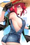  1girl :d ass bangs breasts commentary cow_girl english_commentary farmer gloves hat highres large_breasts naked_overalls open_mouth overalls pyra_(xenoblade) red_eyes red_hair robot_cat short_hair short_shorts shorts sideboob smile solo straw_hat swept_bangs xenoblade_chronicles_(series) xenoblade_chronicles_2 