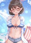 1girl ayane_(blue_archive) ayane_(swimsuit)_(blue_archive) bikini bikini_under_clothes blue_archive blue_sky blush braid breasts brown_eyes brown_hair cloud collarbone commentary_request day flower front-tie_bikini_top front-tie_top glasses grey_shorts hair_flower hair_ornament halo highres hood hood_down hooded_jacket horizon jacket large_breasts looking_at_viewer ocean open_clothes open_jacket outdoors pointy_ears purple_flower red-framed_eyewear short_shorts shorts sky solo striped_bikini striped_clothes swimsuit water white_jacket xenon_(for_achieve) 