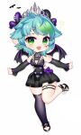  1girl bat_wings blue_hair breasts bsapricot_(vtuber) chibi cleavage cleavage_cutout clothing_cutout colored_inner_hair fang fishnets green_eyes green_hair highres horns jewelry leg_up lich loggi medium_breasts miniskirt multicolored_hair multiple_horns purple_background short_hair single_thighhigh skirt skull smile solo thighhighs tiara virtual_youtuber vshojo white_background wings 