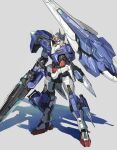  00_gundam arm_blade blue_eyes grey_background gundam gundam_00 highres looking_down mecha mobile_suit nanao_parakeet no_humans science_fiction shadow shield solo v-fin weapon 