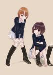  2girls akiyama_yukari bangs barefoot black_footwear blue_jacket boot_removed boots brown_eyes brown_hair closed_mouth dirty dirty_face eyebrows_visible_through_hair girls_und_panzer grey_background hands_on_own_knees highres jacket knee_boots leaning_forward leg_hold long_sleeves looking_at_another looking_at_viewer military military_uniform miniskirt multiple_girls nishizumi_miho no_socks ooarai_military_uniform pleated_skirt school_uniform shimei short_hair simple_background single_boot sitting skirt smile standing steam torn_footwear uniform wet white_skirt 