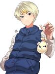  1boy animal_crossing black_eyes blonde_hair closed_mouth coin_purse earrings fingernails hand_in_pocket highres jewelry male_focus marshal_(animal_crossing) multicolored_hair odyssey_21 personification pouch signature simple_background single_earring solo streaked_hair white_background 