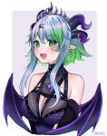  1girl bat_wings blue_hair breasts bsapricot_(vtuber) cleavage cleavage_cutout clothing_cutout colored_inner_hair fang fangs green_eyes green_hair highres horns jewelry lich multicolored_hair multiple_horns skin_fang smile solo tiara virtual_youtuber vshojo wings yuniiho 