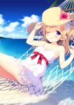  1girl arm_up bare_arms bare_shoulders beach blonde_hair blue_sky blush breasts brown_hat chitosezaka_suzu cloud cloudy_sky commentary_request day dress flower hammock hand_on_headwear hat hat_flower horizon long_hair looking_at_viewer ocean one_eye_closed one_side_up original outdoors palm_tree parted_lips purple_eyes purple_flower sand sky sleeveless sleeveless_dress small_breasts solo strap_slip tree water white_dress 