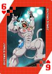 abs anthro bandai_namco card digimoji digimon digimon_(species) electronics eyewear haplorhine hi_res japanese_text male mammal metaletemon microphone monkey muscular muscular_anthro muscular_male null_bulge pecs playing_card primate roaringmoon singing solo suit_symbol sunglasses text