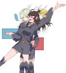  2girls arm_up belt black_footwear black_robe blue_eyes boots brown_hair closed_eyes commentary corrupted_twitter_file diana_cavendish feet_out_of_frame green_hair highres holding_hands interlocked_fingers kagari_atsuko knee_boots little_witch_academia long_hair molu_stranger multiple_girls notice_lines open_mouth parted_lips robe smile sparkle standing standing_on_one_leg symbol-only_commentary topknot white_background yuri 