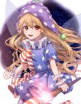  1girl american_flag_dress american_flag_legwear bangs blonde_hair blue_dress blue_pants blue_sky blue_sleeves clownpiece dress eyebrows_visible_through_hair fairy_wings fire gradient gradient_sky hair_between_eyes hat highres jester_cap long_hair looking_at_viewer mozuno_(mozya_7) multicolored multicolored_clothes multicolored_dress multicolored_pants night night_sky no_shoes pants pink_sky polka_dot purple_headwear red_dress red_eyes red_pants red_sleeves short_sleeves sky smile solo space star_(sky) star_(symbol) star_print starry_sky striped striped_dress striped_pants torch touhou white_background white_dress white_pants white_sleeves wings wrist_cuffs 