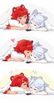  2girls animal_ears bai_xin blue_eyes blush cat_ears cellphone closed_eyes closed_mouth commentary flying_sweatdrops gundam gundam_suisei_no_majo heart highres kemonomimi_mode kiss kissing_cheek long_hair looking_at_another lying miorine_rembran multiple_girls on_stomach phone pillow raccoon_ears red_hair smartphone smile suletta_mercury sweatdrop thick_eyebrows under_covers v-shaped_eyebrows white_hair yuri 
