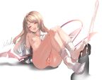  1girl anus blonde_hair breasts cum demon_tail demon_wings ejaculation footjob full_body invisible_penis long_hair naked_shirt nipples open_mouth original penis pointy_ears pussy red_eyes shirt sitting small_breasts smile smug socks tail two-footed_footjob usuki_(graygreed) white_shirt white_socks wings 