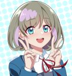  1girl artist_name bangs blue_eyes bob_cut ccclann double_v eyebrows_visible_through_hair fingernails highres light_brown_hair looking_at_viewer love_live! love_live!_superstar!! multicolored_hair neck_ribbon open_mouth pink_hair polka_dot polka_dot_background portrait red_ribbon ribbon school_uniform short_hair solo tang_keke two-tone_hair upper_body upper_teeth v yuigaoka_school_uniform 