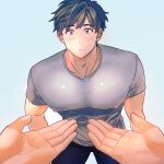  1boy blue_background blush closed_mouth covered_nipples cyak061 grey_shirt large_pectorals leaning_forward looking_at_viewer male_focus mole mole_on_cheek original palms pectorals pink_eyes pov pov_hands shirt short_hair short_sleeves simple_background upper_body 