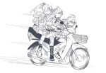  3girls ahoge braid cropped_shirt floating_hair hair_ornament hair_ribbon hairclip half_updo highres hood hood_down hoodie ishigami_nozomi kashikaze kuramochi_meruto kuramochi_meruto_(1st_costume) long_hair monochrome motor_vehicle motorcycle multiple_girls multiple_riders necktie nijisanji off-shoulder_shirt off_shoulder on_motorcycle pleated_skirt ribbon shirt shishido_akari shishido_akari_(1st_costume) sketch skirt twin_braids virtual_youtuber 