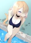  1girl arm_support black_choker blonde_hair blue_one-piece_swimsuit blush breasts choker cleavage collarbone dog_girl dog_tail furry furry_female highres large_breasts looking_at_viewer one-piece_swimsuit original pool poolside purple_eyes refraction school_swimsuit sitting soaking_feet swimsuit tail tongue tongue_out yongen_yu 