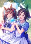  2girls animal_ears bangs black_hair blue_bow blue_shirt blush bow bowl brown_eyes brown_hair commentary_request daiwa_scarlet_(umamusume) eyebrows_visible_through_hair fang hair_between_eyes hair_over_one_eye highres holding holding_bowl holding_spoon horse_ears ittokyu multicolored_hair multiple_girls open_mouth pleated_skirt puffy_short_sleeves puffy_sleeves red_eyes school_uniform shaved_ice shirt short_sleeves skirt spoon streaked_hair tiara tracen_school_uniform twintails umamusume upper_teeth vodka_(umamusume) white_hair white_skirt 