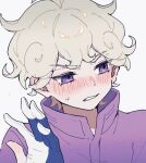  1boy bede_(pokemon) blonde_hair blush clenched_teeth coat commentary_request curly_hair gloves hand_up high_collar male_focus nekojiri partially_fingerless_gloves pokemon pokemon_swsh purple_coat purple_eyes short_hair simple_background solo teeth upper_body white_background 
