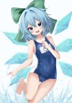  1girl atory barefoot blue_eyes blue_hair blue_one-piece_swimsuit bow circled_9 cirno collarbone crossed_bangs green_bow hair_between_eyes hair_bow highres ice ice_wings large_bow looking_at_viewer one-piece_swimsuit school_swimsuit smile solo standing standing_on_one_leg swimsuit touhou white_background wings 