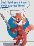 absurd_res ailurid anthro blushing_at_viewer fur hi_res inner_ear_fluff knot male mammal melee_weapon orange_eyes red_body red_fur red_panda reznoo ripy_(reznoo) solo speech_bubble standing tuft weapon white_ears