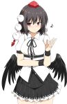  1girl absurdres belt bird_wings black_belt black_hair black_ribbon black_skirt black_wings blush breasts brown_eyes closed_mouth collared_shirt cowboy_shot feathered_wings frilled_skirt frills hat highres low_wings medium_breasts neck_ribbon pleated_skirt pom_pom_(clothes) puffy_short_sleeves puffy_sleeves red_hat ribbon rise_(rise19851203) scribble shameimaru_aya shirt short_hair short_sleeves simple_background skirt solo tassel thighs tokin_hat touhou white_background white_shirt wings 