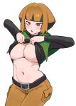  1girl belt black_belt blush breasts brown_hair brown_shorts capelet cargo_shorts clothes_lift crop_top cropped_shirt flashing gardenia_(pokemon) gigobyte350 green_capelet highres large_breasts lifted_by_self long_sleeves looking_at_viewer multicolored_hair navel pants pokemon pokemon_dppt poncho shirt_lift short_hair shorts simple_background slit_pupils solo sweat two-tone_hair underboob white_background 