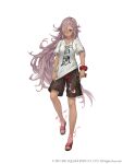  1girl blue_eyes cinderella_(sinoalice) clothes_pull dark_skin full_body gun hair_over_one_eye handgun holding holding_gun holding_weapon ji_no long_hair looking_down official_art purple_hair sandals scowl shirt shirt_pull shorts sinoalice solo square_enix t-shirt very_long_hair weapon white_background white_shirt wristband 