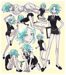 1other :d all_fours amputee androgynous aqua_hair bare_arms bare_legs barefoot black_footwear black_necktie black_shorts clipboard crystal_hair excited facing_away frown gem_uniform_(houseki_no_kuni) highres holding houseki_no_kuni hugging_own_legs itabasami jumping kneeling knees_up looking_at_viewer lying multiple_views necktie on_side open_mouth other_focus own_hands_together phosphophyllite pout puffy_short_sleeves puffy_sleeves robe running sad shards short_hair short_sleeves shorts sitting sleepwear smile smug sprout standing struggling suspender_shorts suspenders top-down_bottom-up translucent_hair white_robe yellow_background yokozuwari 