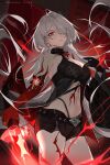  1girl absurdres acheron_(honkai:_star_rail) bare_shoulders black_coat black_gloves black_shorts breasts cleavage coat commentary_request cowboy_shot gloves grey_hair highres honkai:_star_rail honkai_(series) long_hair looking_at_viewer midriff navel official_alternate_color parted_lips red_eyes short_shorts shorts solo standing stomach thighs very_long_hair yume-dream 