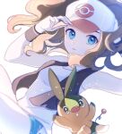  1girl absurdres aqua_eyes baseball_cap black_vest brown_hair eyelashes hand_on_headwear hat highres hilda_(pokemon) looking_at_viewer mixed-language_commentary open_clothes open_vest parted_lips pokemon pokemon_(creature) pokemon_bw ryusa_(gjgd7445) shirt short_shorts shorts sidelocks sleeveless sleeveless_shirt tepig vest white_hat white_shirt wristband 