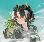  1boy aged_down arknights black_hair black_horns bug butterfly carrying chinese_commentary chong_yue_(arknights) closed_mouth commentary_request dragon_boy dragon_horns energy eyes_visible_through_hair glowing_butterfly grey_hair grey_kimono highres horns japanese_clothes kimono long_hair long_sleeves looking_to_the_side male_focus multicolored_hair orange_eyes plant pointy_ears rope solo streaked_hair tuoshui_fan_fanqie upper_body yellow_horns 
