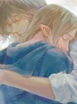  2girls blonde_hair blue_robe chinese_commentary closed_eyes closed_mouth comforting covered_mouth crying dated dungeon_meshi elf eyelashes grey_hair hair_down highres hood hood_down hug long_hair marcille_donato multiple_girls pointy_ears profile robe shirt smile twitter_username upper_body white_background white_shirt yuyu452261486 