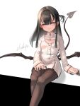  1girl black_hair black_nails blue_eyes blush breasts demon_tail demon_wings dress fingernails half-closed_eyes highres long_hair looking_at_viewer low_wings one_side_up original pantyhose pointy_ears sharp_fingernails small_breasts smile solo tail usuki_(graygreed) very_long_fingernails white_dress wings 