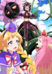  3girls absurdres ahoge black_corset black_pants blonde_hair blue_eyes bow bowtie braid capelet corset cross-shaped_pupils crossover crown cure_friendy cure_wonderful demon_horns demon_wings dress earrings hairband hands_on_own_face highres hiiragi_utena horns jewelry keijirou_(mukunozaltusou) long_hair low_wings magia_baiser magical_girl mahou_shoujo_ni_akogarete monster multicolored_hair multiple_girls navel no_bra open_mouth pants pasties pink_eyes pink_hair precure puffy_sleeves purple_capelet purple_dress purple_hair purple_hairband purple_hat red_bow red_bowtie revealing_clothes short_sleeves sidelocks striped_bow striped_bowtie striped_clothes symbol-shaped_pupils teeth twin_braids two-tone_dress two-tone_hair two_side_up upper_teeth_only white_bow white_bowtie wings wonderful_precure! wrist_cuffs yellow_dress yellow_eyes yellow_hairband 