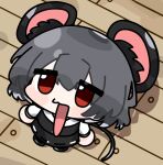  1girl animal_ear_fluff animal_ears black_skirt black_vest chibi commentary cookie_(touhou) full_body grey_hair highres long_sleeves looking_at_viewer looking_up mouse_ears mouse_girl mouse_tail nazrin nyon_(cookie) open_mouth red_eyes shirt short_hair skirt solo tail touhou traveler_hxy vest white_shirt wooden_floor 