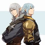  2boys armor back-to-back black_gloves blue_background blue_eyes blue_hair blue_jacket chainmail crossed_arms earclip elezen elf estinien_varlineau final_fantasy final_fantasy_xiv from_side gloves grey_hair hair_between_eyes haurchefant_greystone jacket looking_at_viewer male_focus medium_hair multiple_boys pauldrons pointy_ears short_hair shoulder_armor simple_background smile two-tone_background upper_body white_background yomo_(ym) 