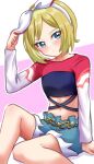  1girl amai-tapioca arm_support belt blonde_hair blue_eyes blue_shorts bow bow_hairband criss-cross_straps crop_top denim denim_shorts frilled_shorts frills gold_belt hairband hand_on_headwear head_tilt irida_(pokemon) knee_up light_blush looking_at_viewer midriff multicolored_shirt navel parted_bangs pink_background pokemon pokemon_legends:_arceus shadow shorts sidelocks simple_background sitting stomach two-tone_background white_background white_bow white_hairband 