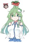  2girls ? ahoge bare_shoulders black_eyes blue_skirt blue_trim breasts brown_hair collared_shirt deetamu detached_sleeves drooling frog_hair_ornament green_eyes green_hair hair_between_eyes hair_ornament hair_tubes hakurei_reimu highres kochiya_sanae large_breasts long_hair long_sleeves looking_at_another looking_at_viewer mouth_drool multiple_girls plant shirt simple_background single_sidelock skirt sleeveless sleeveless_shirt smile snake_hair_ornament tomato touhou upper_body white_background 
