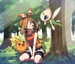  1girl :d bare_shoulders black_shorts bow brown_hair celebi collarbone fanny_pack forest grass grey_eyes hair_bow highres kneeling looking_at_viewer may_(pokemon) nature on_grass open_mouth pokemon pokemon_(creature) pokemon_oras red_shirt shirt shorts sleeveless sleeveless_shirt smile torchic tree yuihico 
