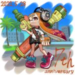  anniversary closed_mouth commentary_request dated furu_spla headphones highres holding holding_weapon inkling inkling_girl inkling_player_character inkzooka_(splatoon) long_hair orange_eyes orange_hair palm_tree pointy_ears shoes smile splatoon_(series) splatoon_1 splattershot_(splatoon) suction_bomb_(splatoon) tentacle_hair tree weapon 